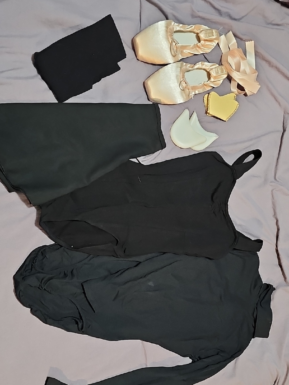 Black Dancewear Set with Pink Satin Pointe Shoes